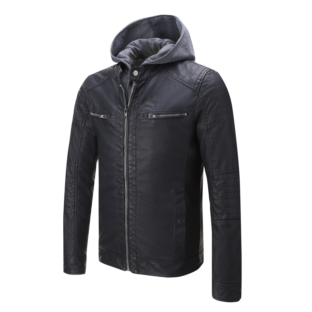 Men's Faux Leather Jacket with Detachable Hood,Biker Jacket